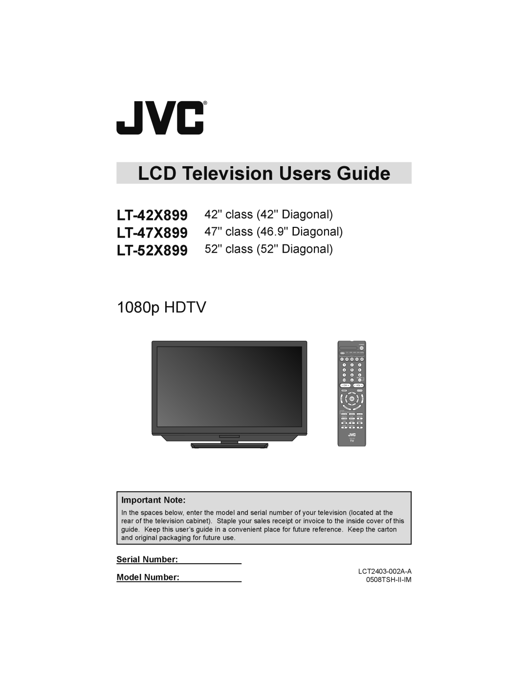 JVC LT-52X899 manual Important Note, Serial Number Model Number 