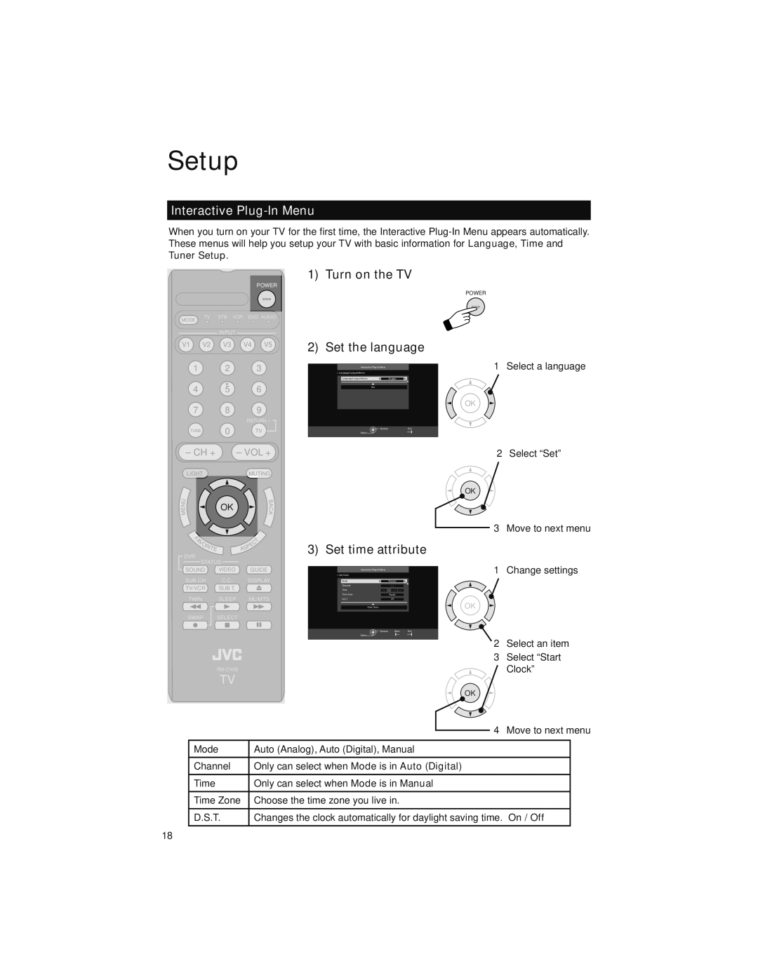 JVC LT-52X899 manual Setup, Interactive Plug-In Menu, Turn on the TV Set the language, Set time attribute 