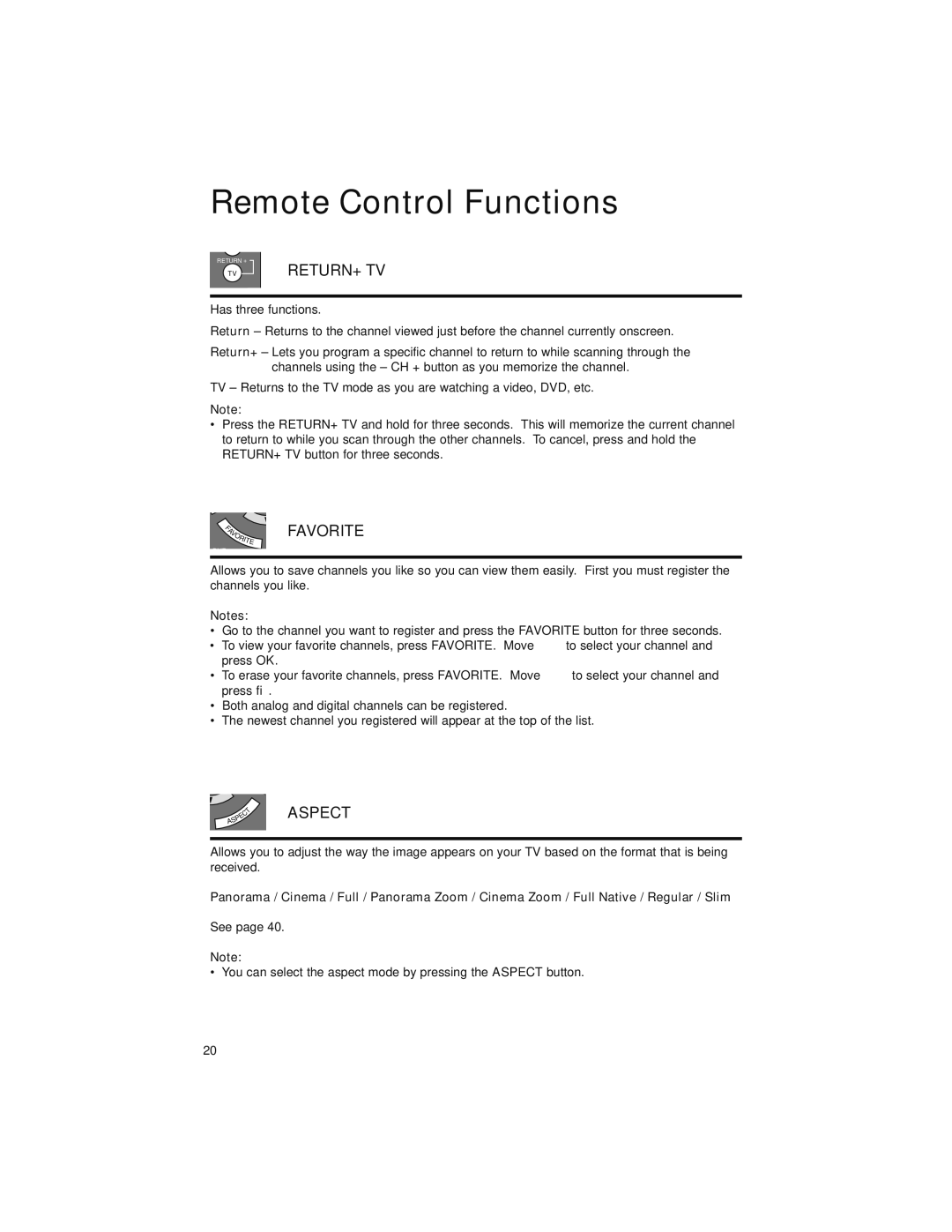 JVC LT-52X899 manual Remote Control Functions, Return+ Tv 