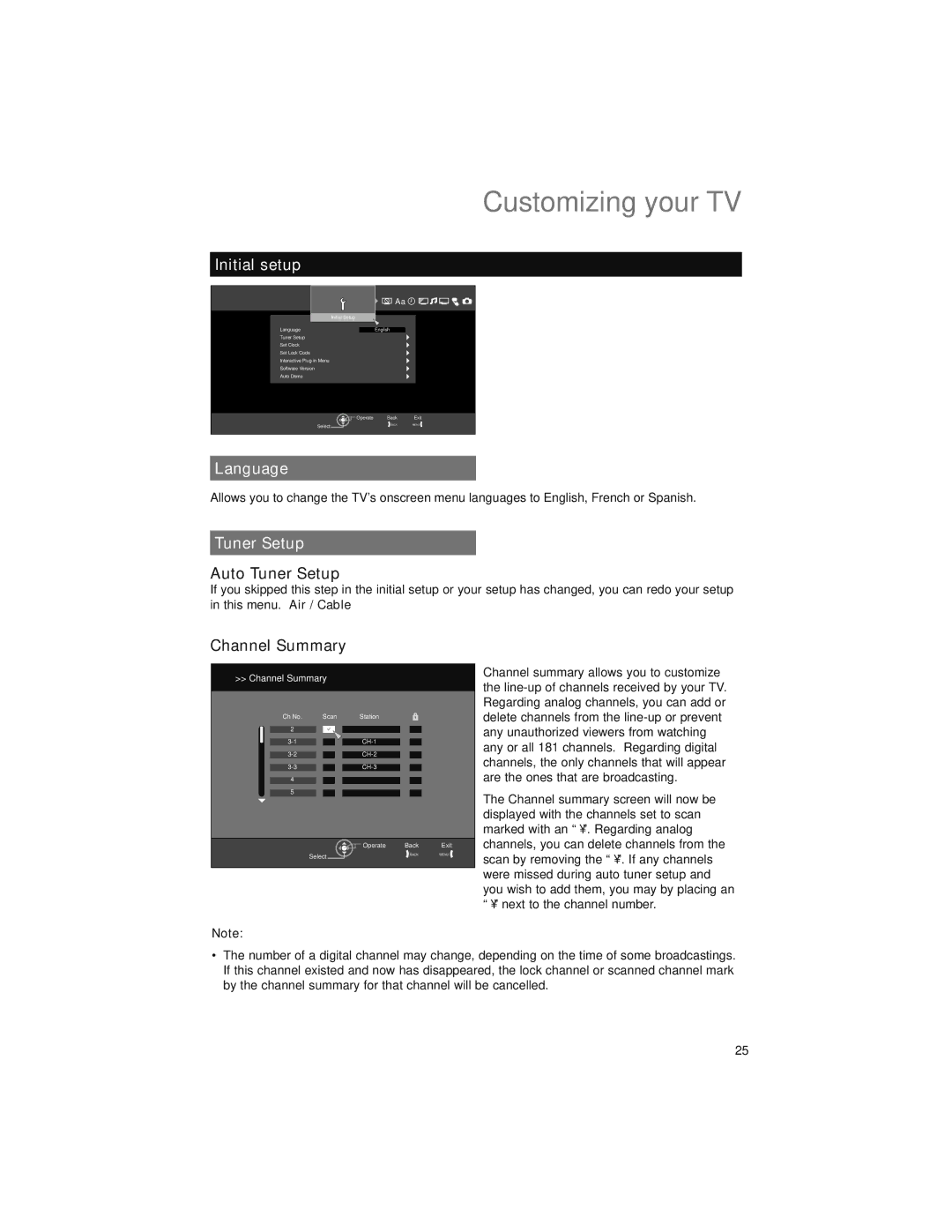 JVC LT-52X899 manual Customizing your TV, Initial setup, Language, Tuner Setup 