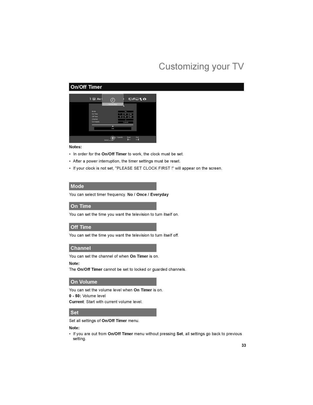 JVC LT-52X899 manual On/Off Timer, Mode, On Time, Channel, On Volume, Set 