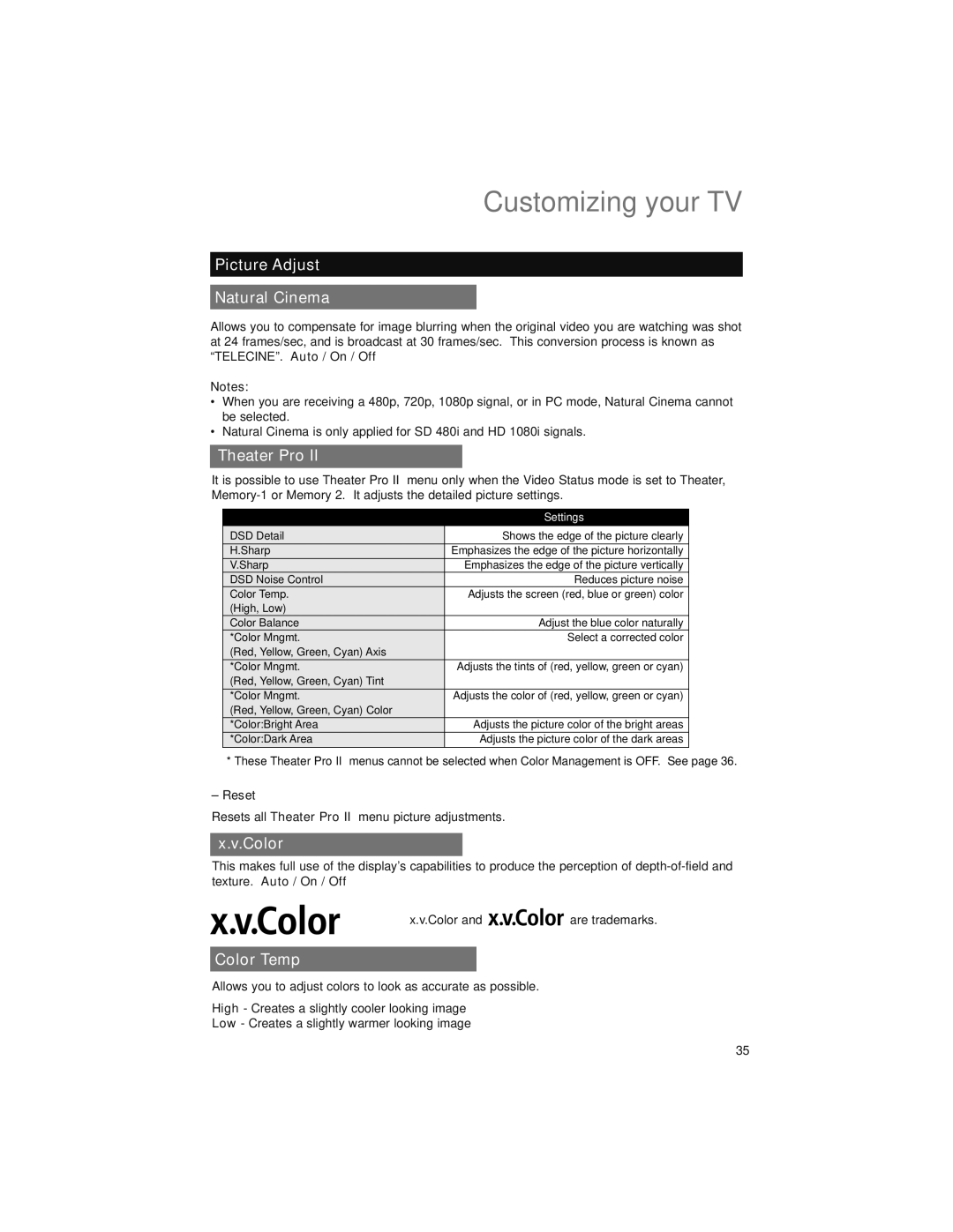 JVC LT-52X899 manual Picture Adjust Natural Cinema, Theater Pro, Color Temp, Reset 