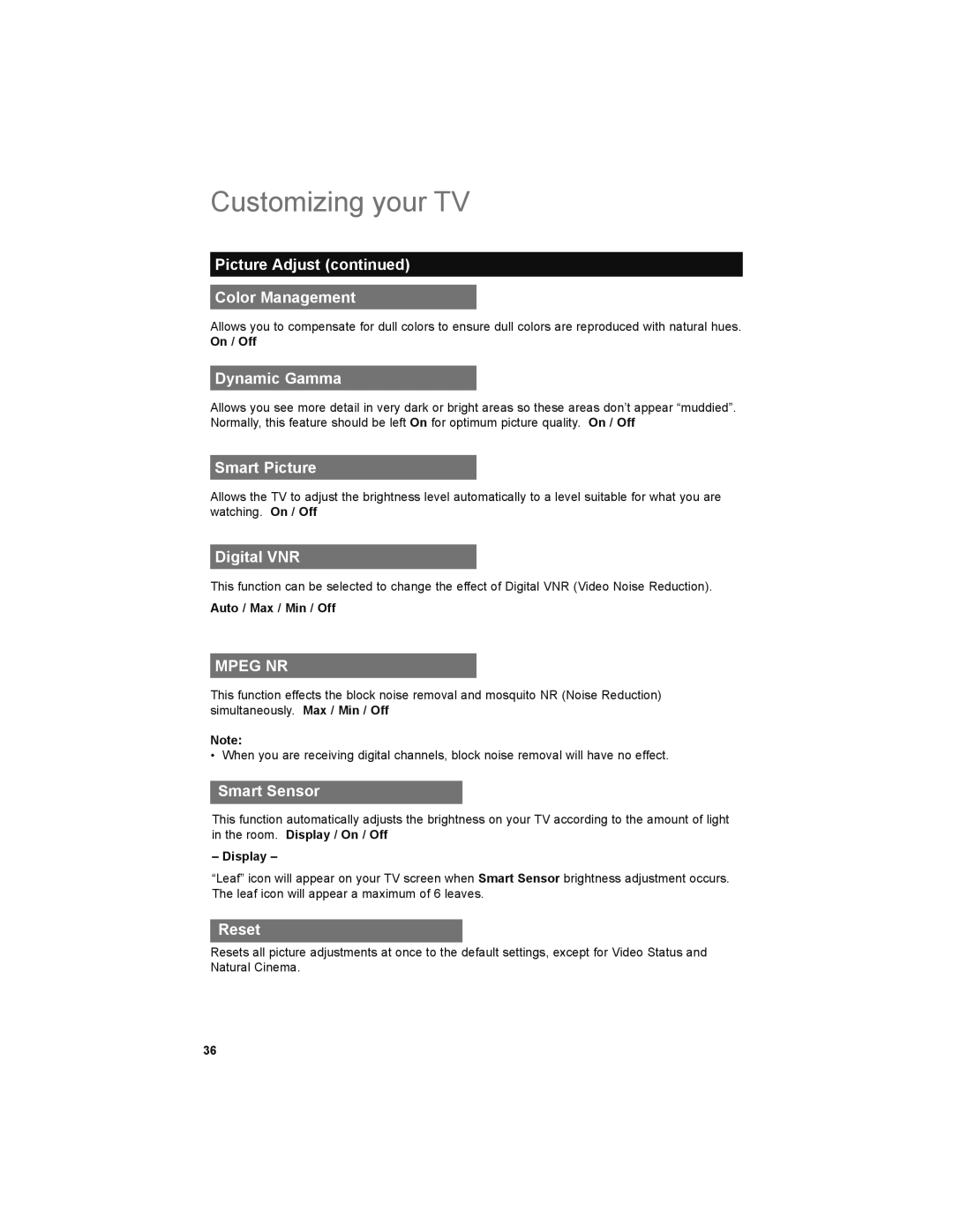 JVC LT-52X899 manual Picture Adjust Color Management, Dynamic Gamma, Smart Picture, Digital VNR, Smart Sensor 