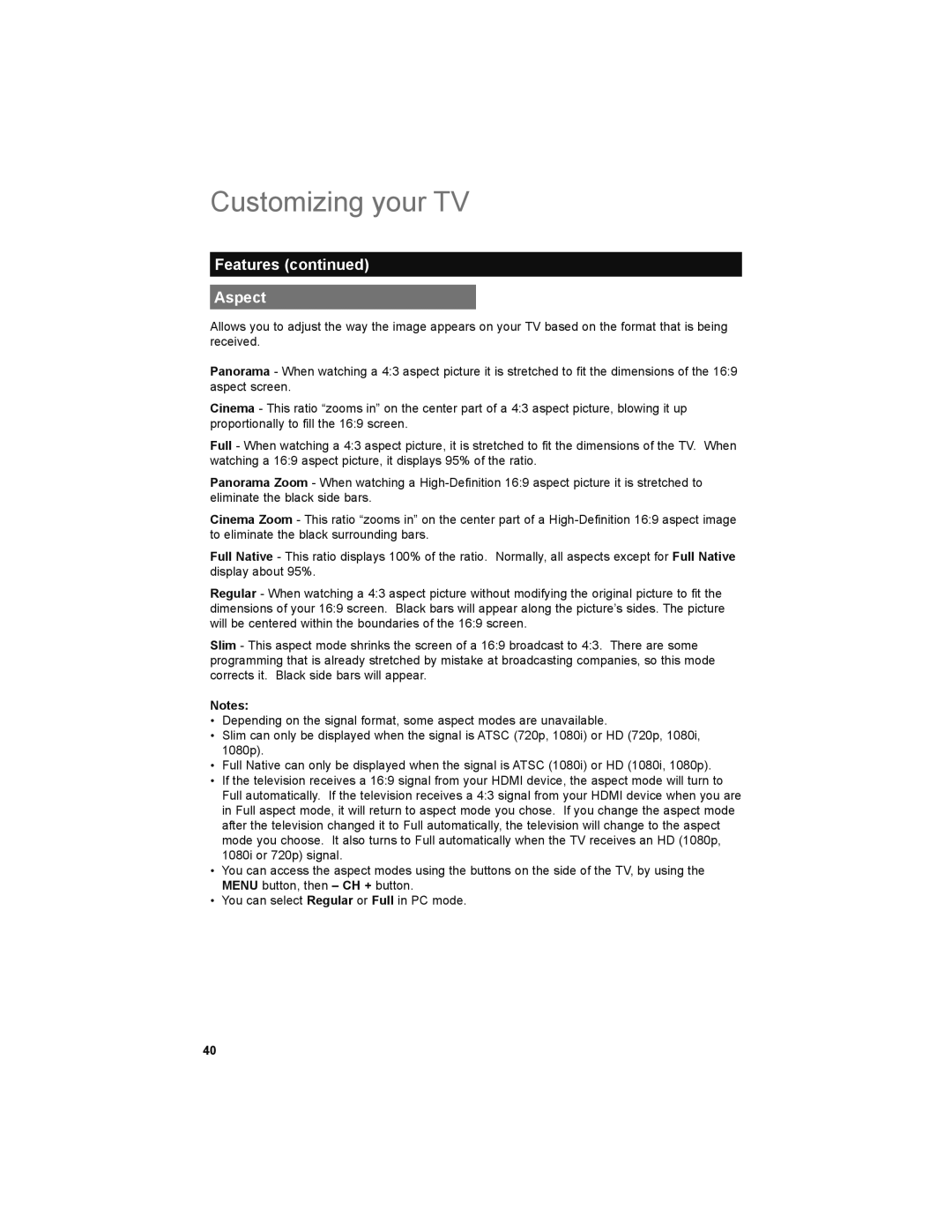 JVC LT-52X899 manual Features Aspect 