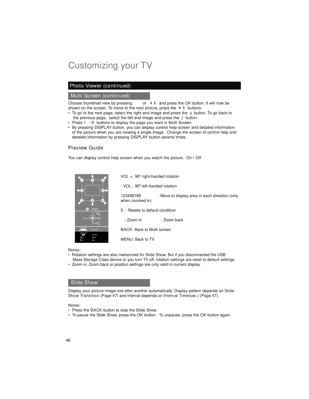 JVC LT-52X899 manual Photo Viewer Multi Screen, Preview Guide, Slide Show, Zoom † Zoom back 