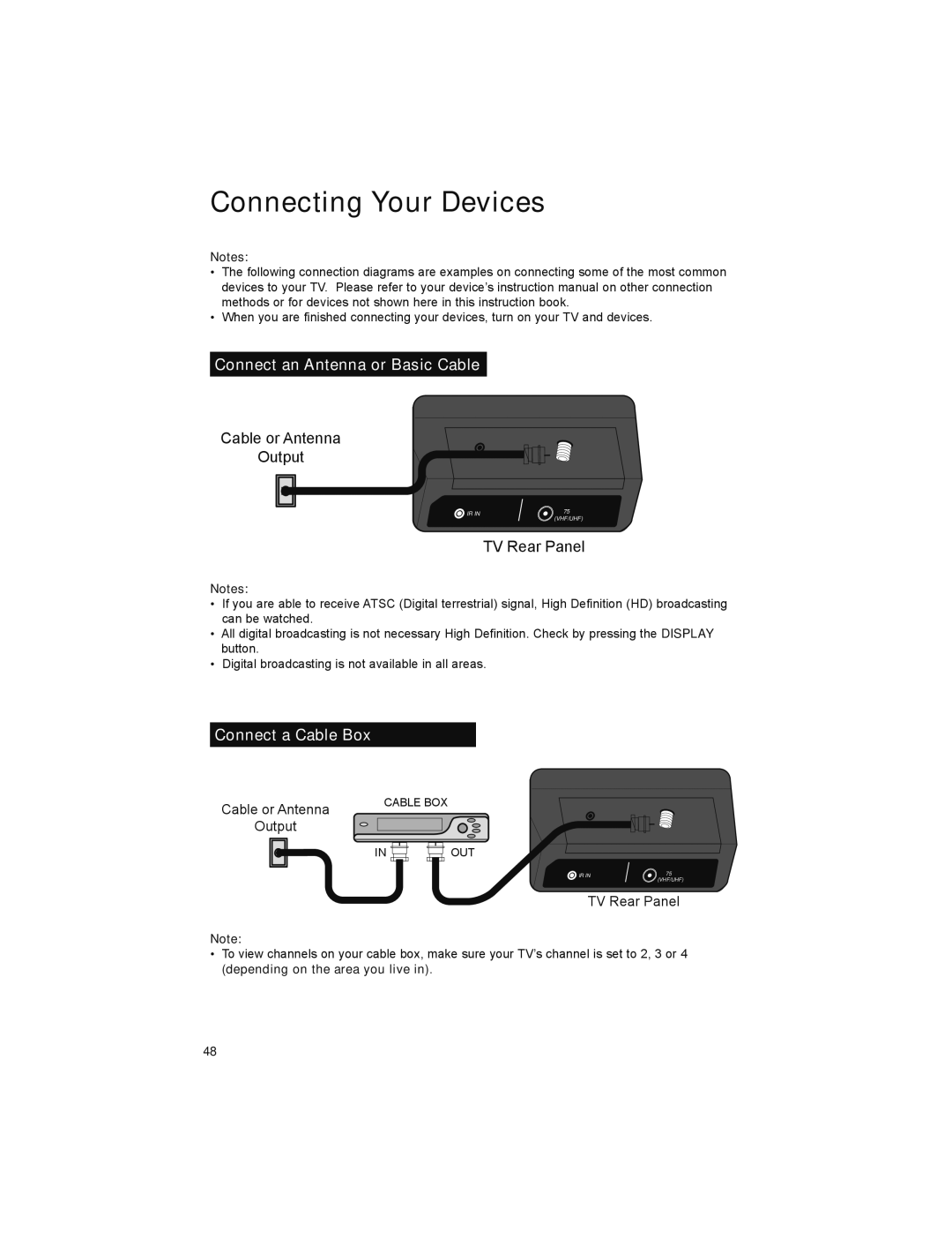 JVC LT-52X899 manual Connect an Antenna or Basic Cable, Connect a Cable Box 