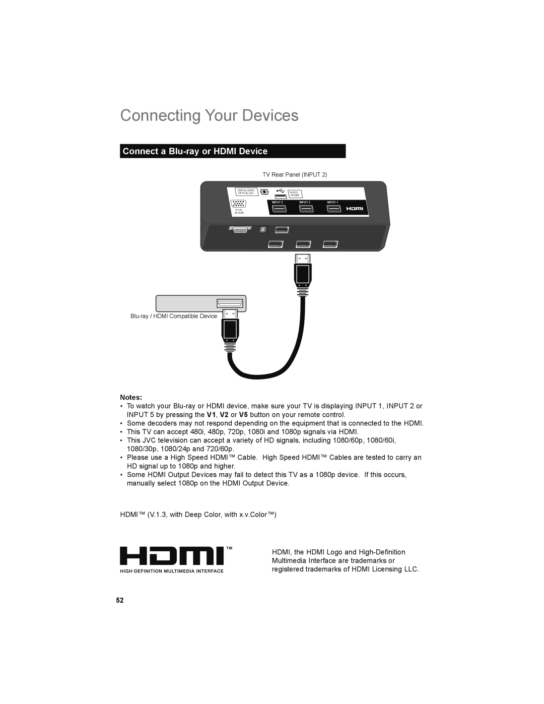 JVC LT-52X899 manual Connect a Blu-ray or Hdmi Device 