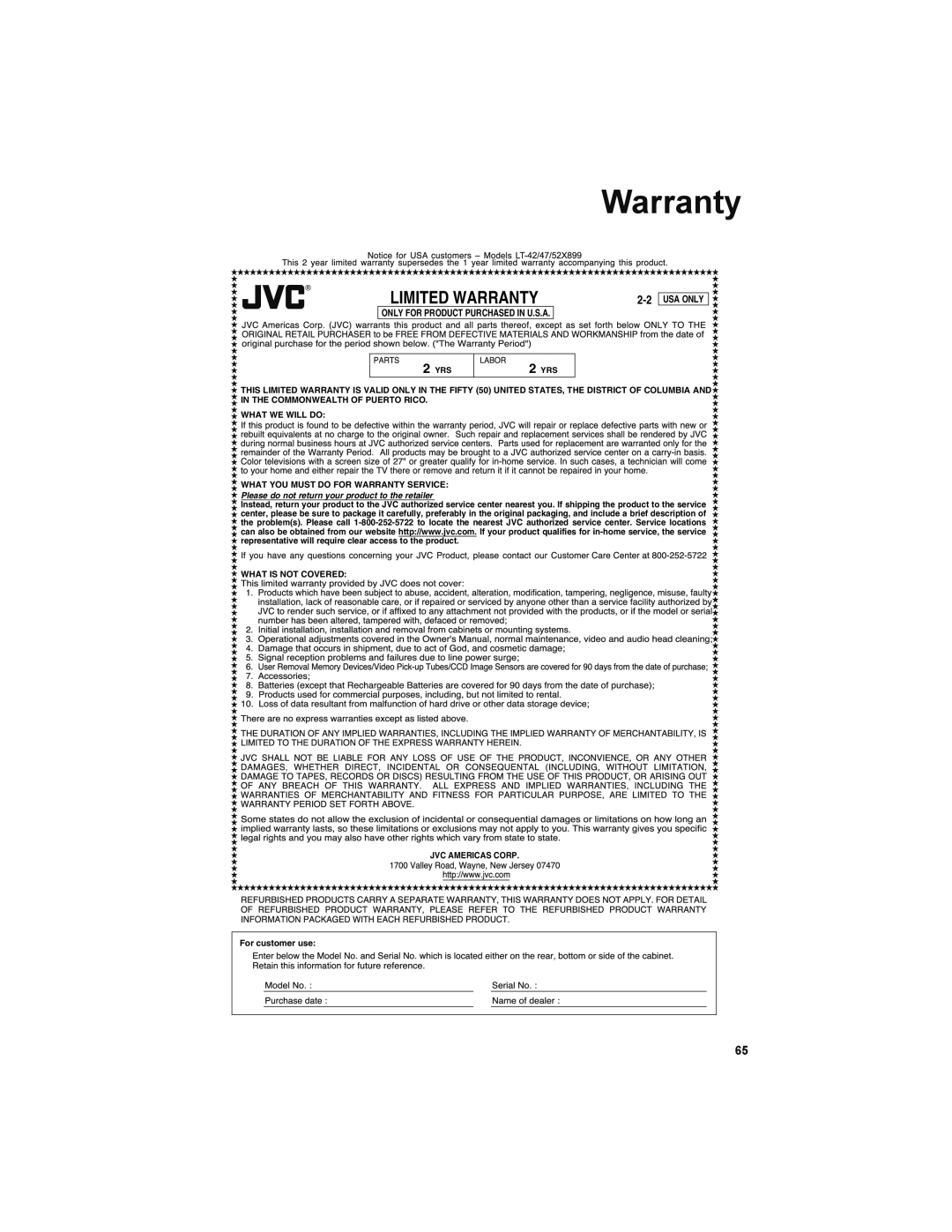 JVC LT-52X899 manual Limited Warranty 