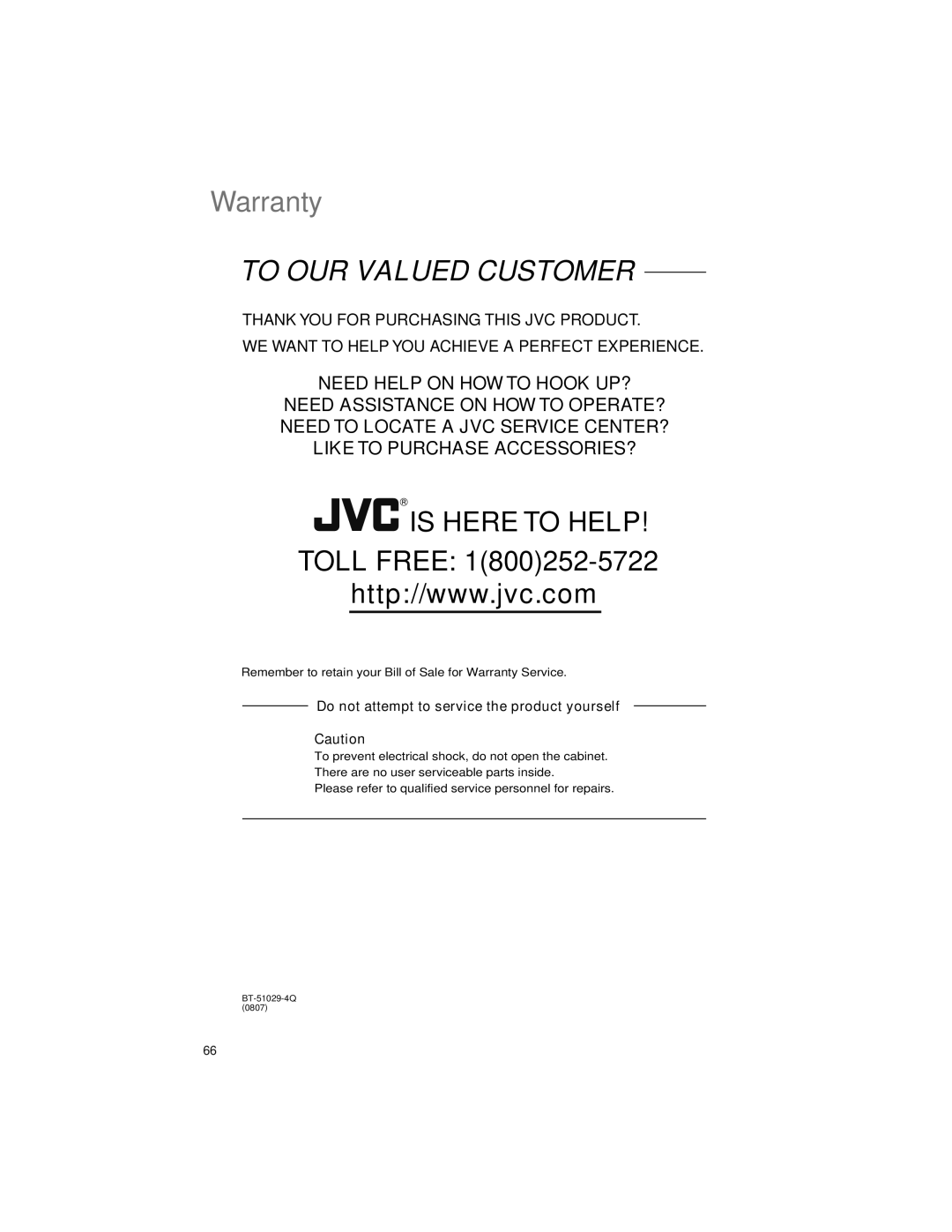 JVC LT-52X899 manual Warranty, To OUR Valued Customer 