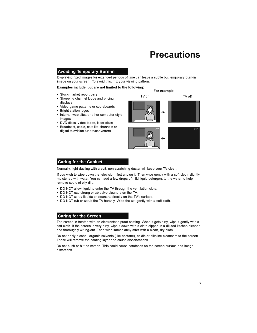 JVC LT-52X899 manual Precautions, Avoiding Temporary Burn-in, Caring for the Cabinet, Caring for the Screen 