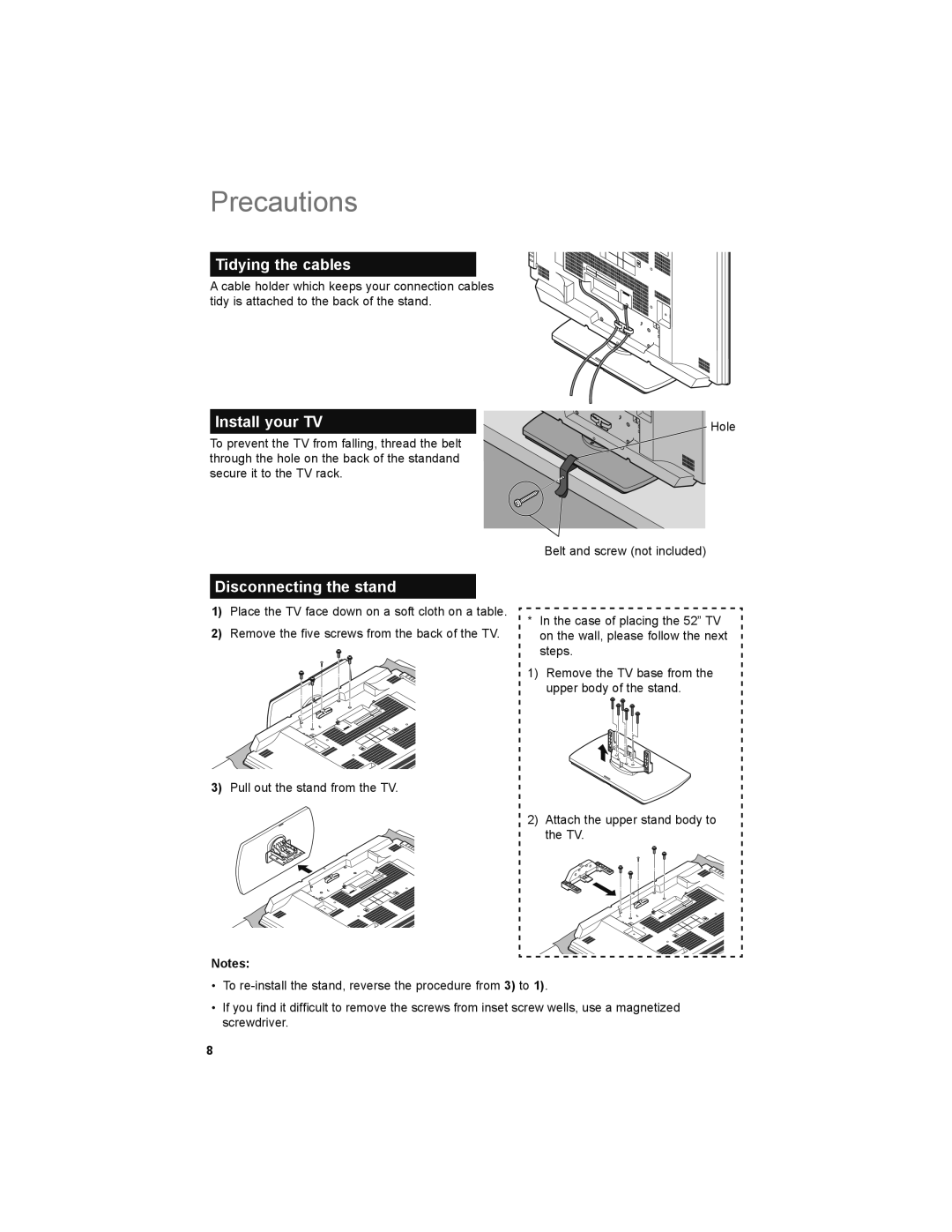 JVC LT-52X899 manual Precautions, Tidying the cables, Install your TV, Disconnecting the stand 