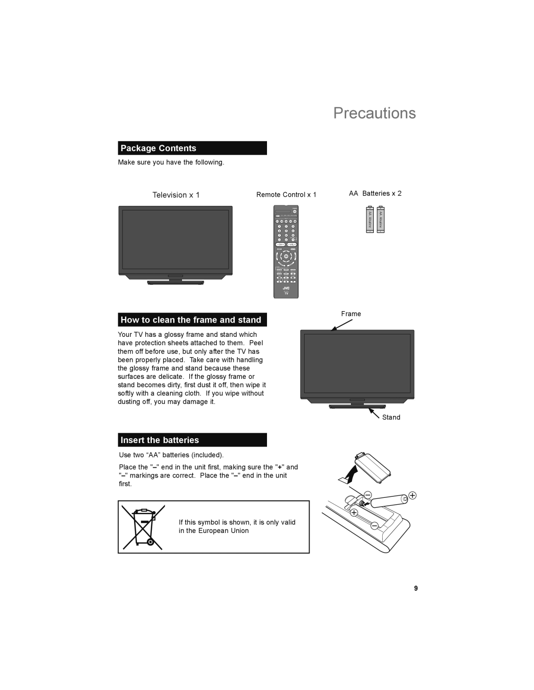 JVC LT-52X899 manual Package Contents, How to clean the frame and stand, Insert the batteries 