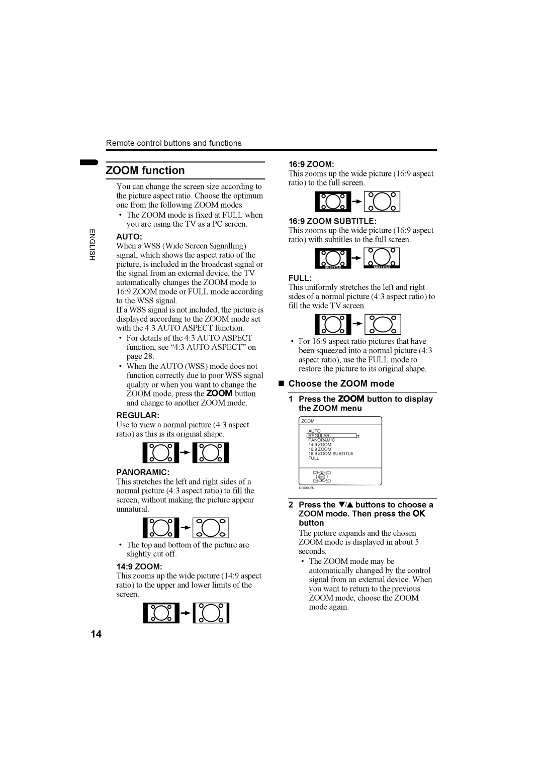 JVC LT-Z32SX4B manual Zoom function, „ Choose the Zoom mode 