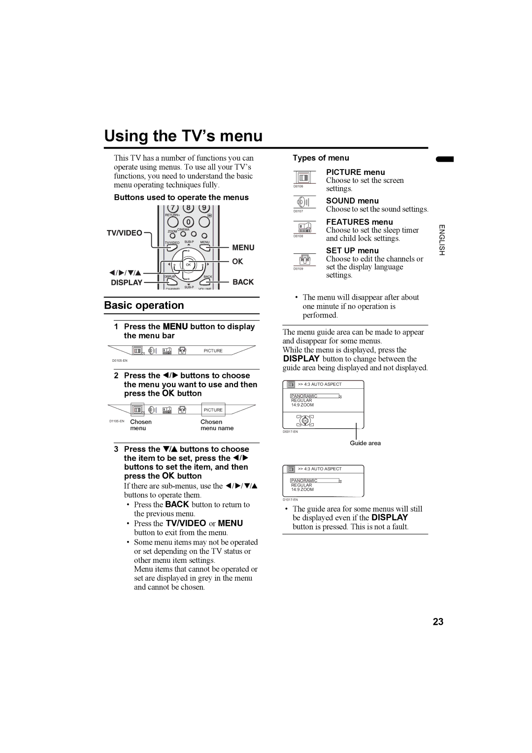 JVC LT-Z32SX4B manual Using the TV’s menu, Press the Hbutton to display the menu bar 