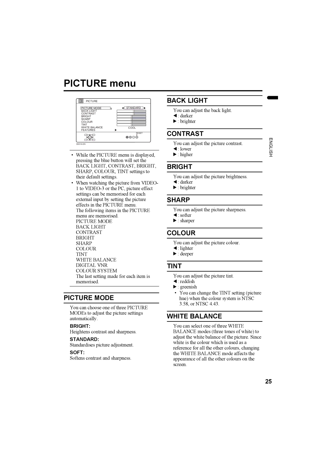 JVC LT-Z32SX4B manual Picture menu 