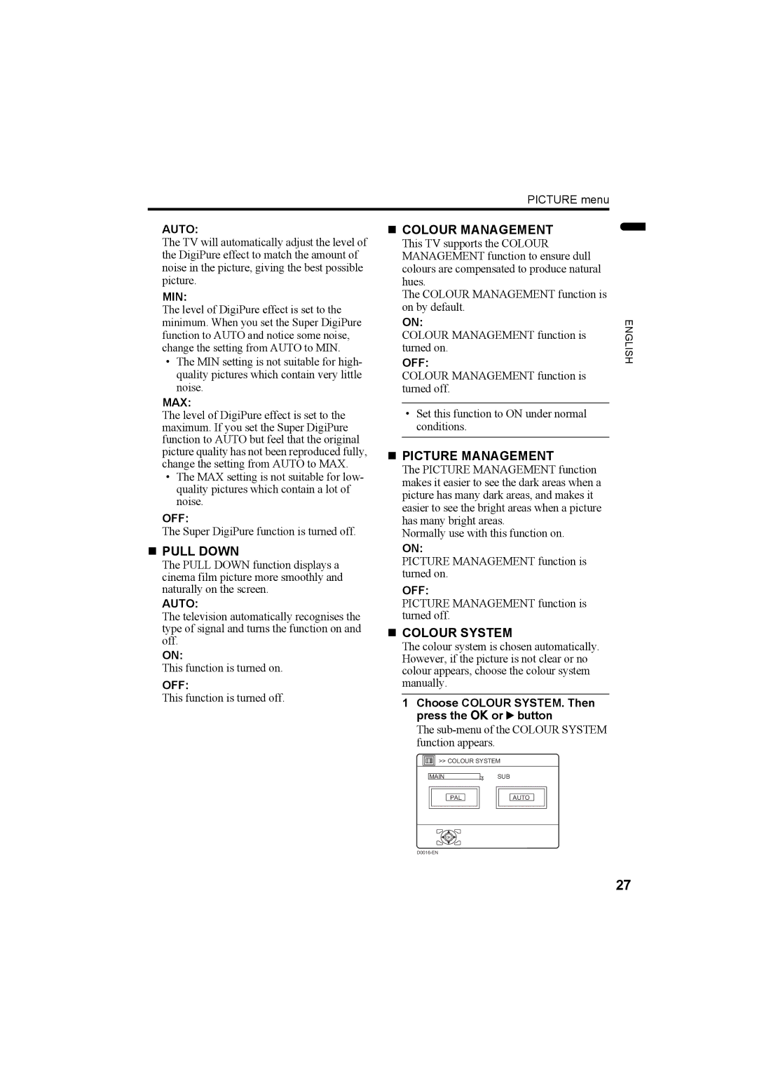 JVC LT-Z32SX4B manual „ Pull Down, „ Colour Management, „ Picture Management, „ Colour System 