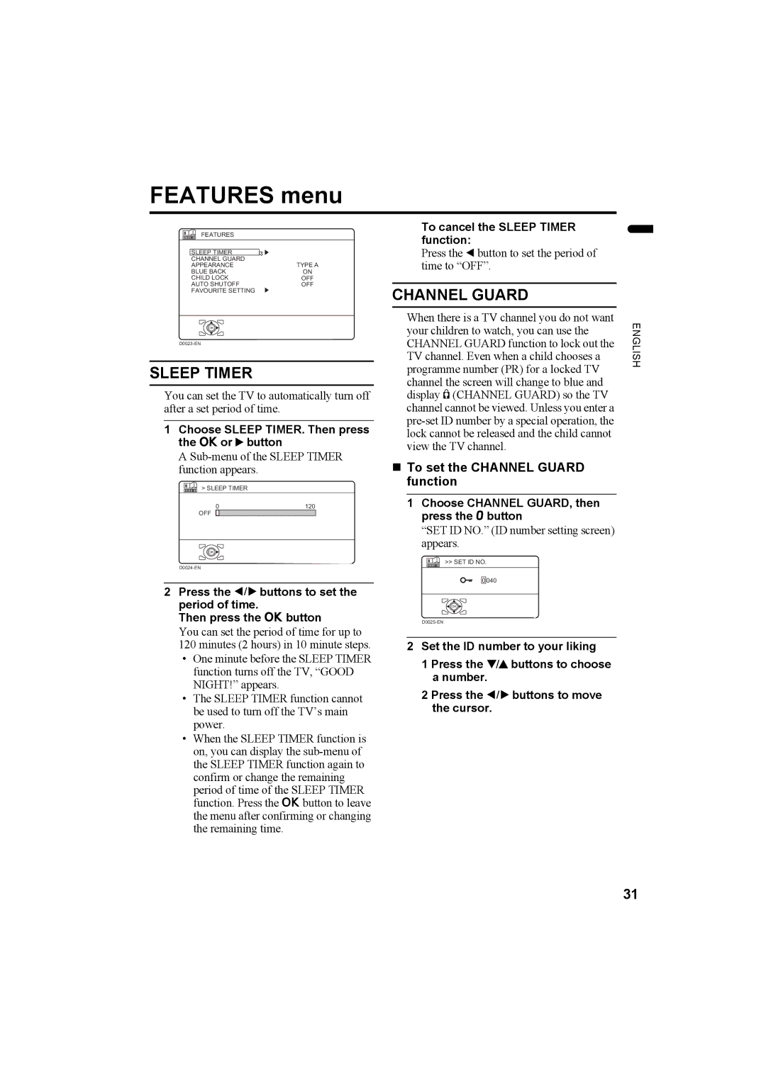 JVC LT-Z32SX4B manual Features menu, Sleep Timer, „ To set the Channel Guard function 