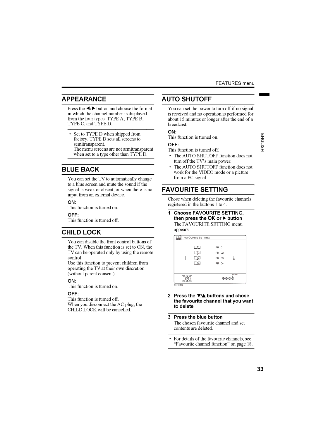 JVC LT-Z32SX4B manual Appearance Auto Shutoff, Blue Back, Child Lock, Favourite Setting 