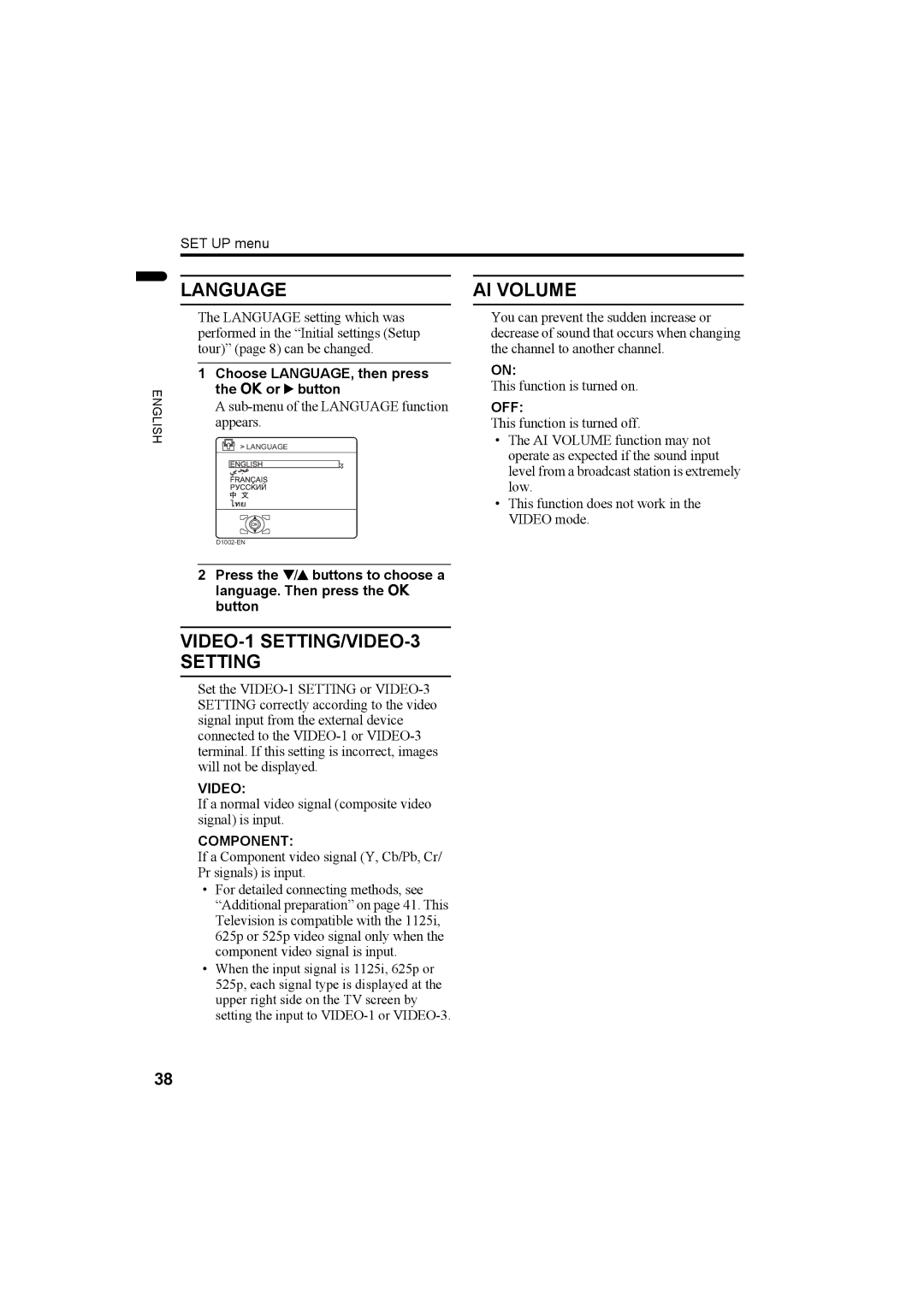 JVC LT-Z32SX4B manual Language, AI Volume, VIDEO-1 SETTING/VIDEO-3 Setting, Video, Component 