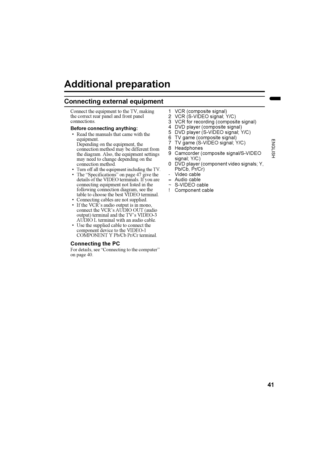 JVC LT-Z32SX4B Additional preparation, Connecting external equipment, „ Connecting the PC, Before connecting anything 