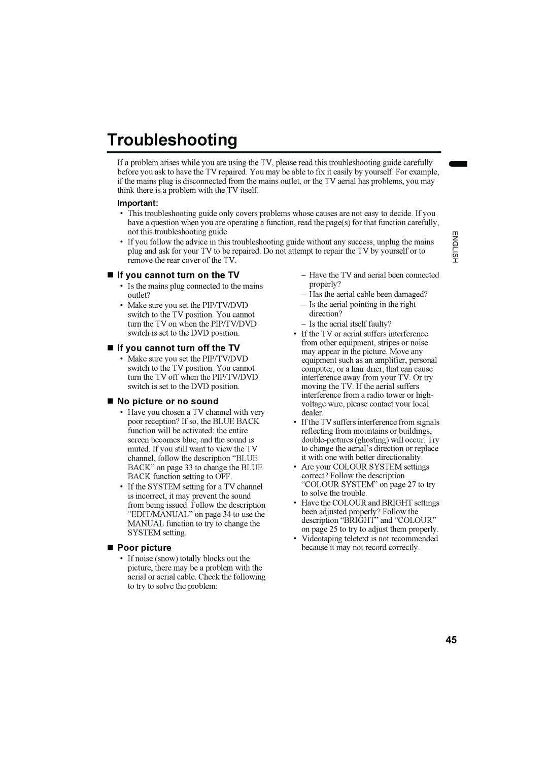 JVC LT-Z32SX4B Troubleshooting, „ If you cannot turn on the TV, „ If you cannot turn off the TV, „ No picture or no sound 