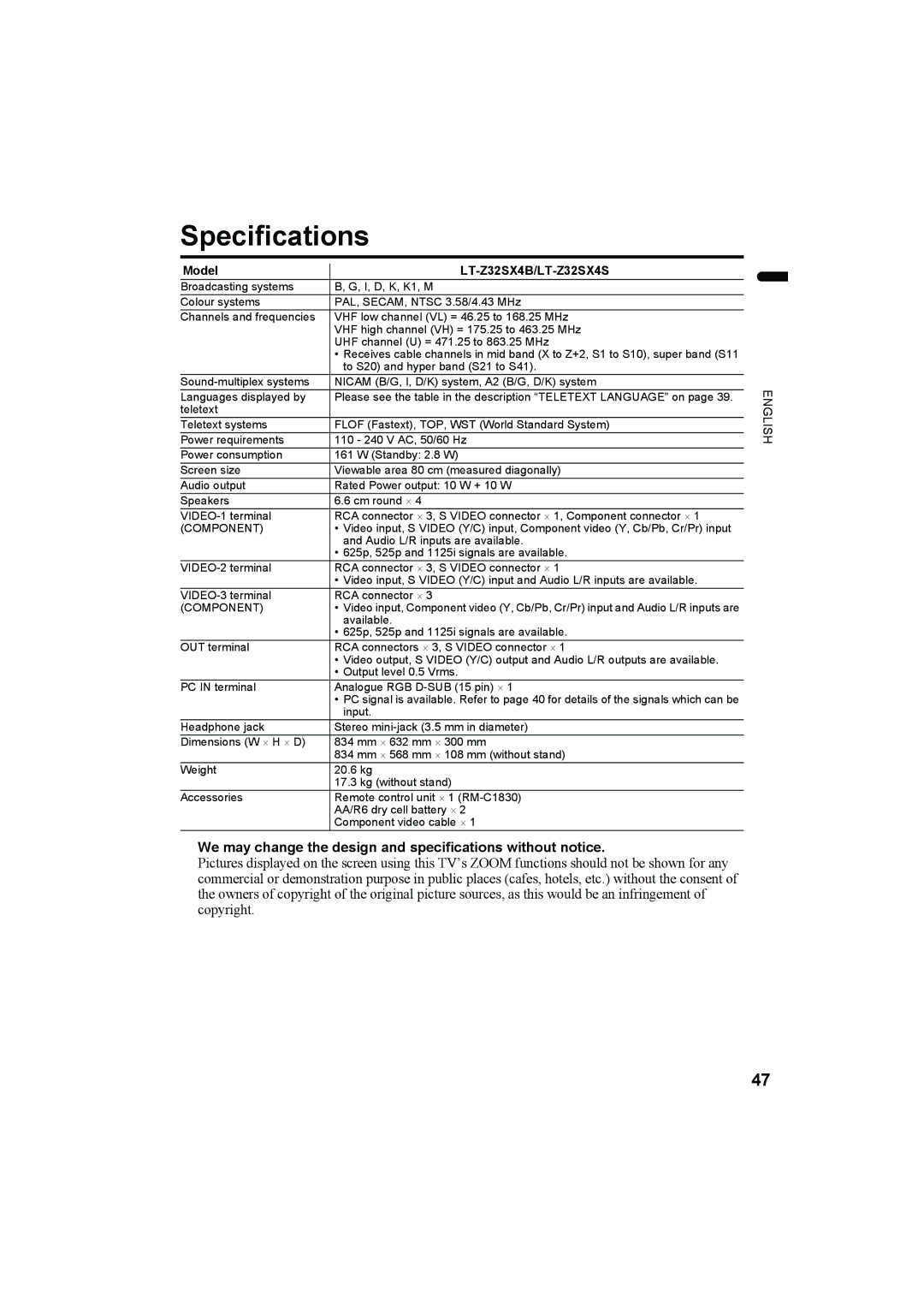 JVC LT-Z32SX4B manual Specifications, We may change the design and specifications without notice 