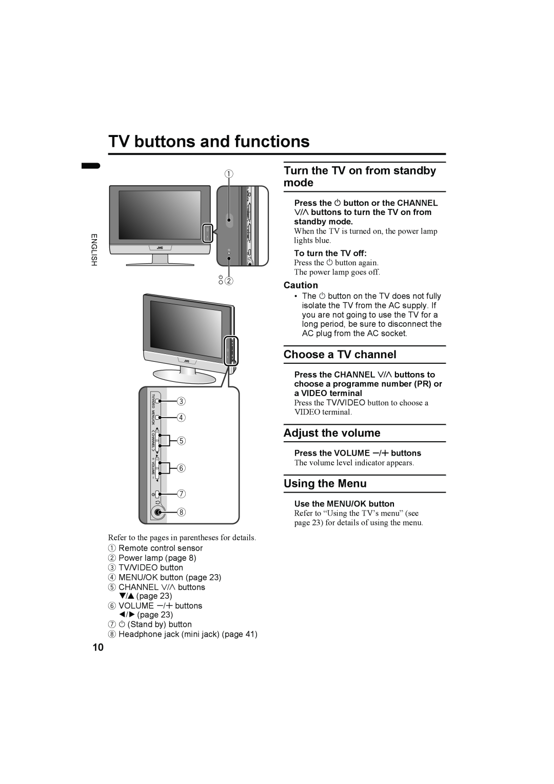 JVC LT-Z32SX4B manual TV buttons and functions, Turn the TV on from standby, mode, Choose a TV channel, Adjust the volume 