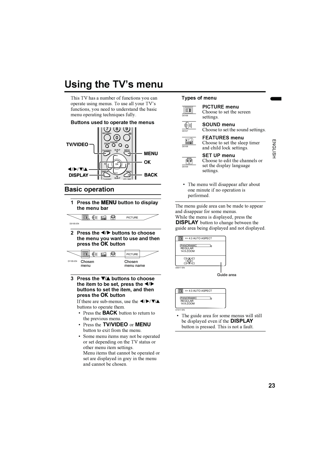 JVC LT-Z32SX4B manual Using the TV’s menu, Buttons used to operate the menus, Types of menu, Basic operation, PICTURE menu 