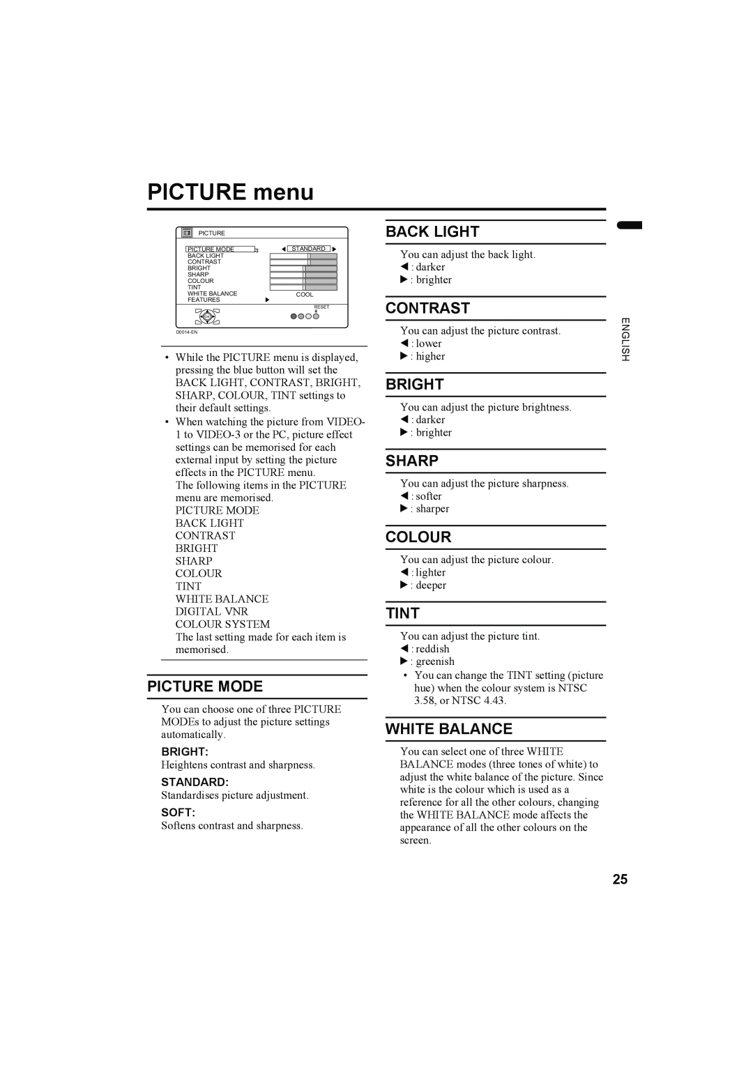 JVC LT-Z32SX4B PICTURE menu, Back Light, Contrast, Picture Mode, Bright, Sharp, Colour, Tint, White Balance, Standard 