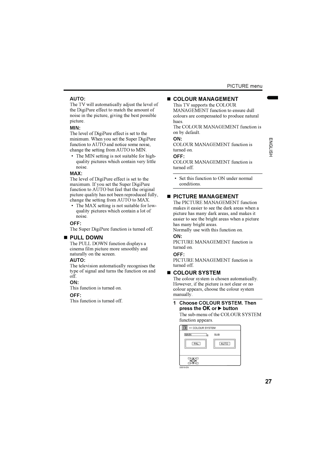 JVC LT-Z32SX4B manual „ Pull Down, „ Colour Management, „ Picture Management, „ Colour System, Auto 