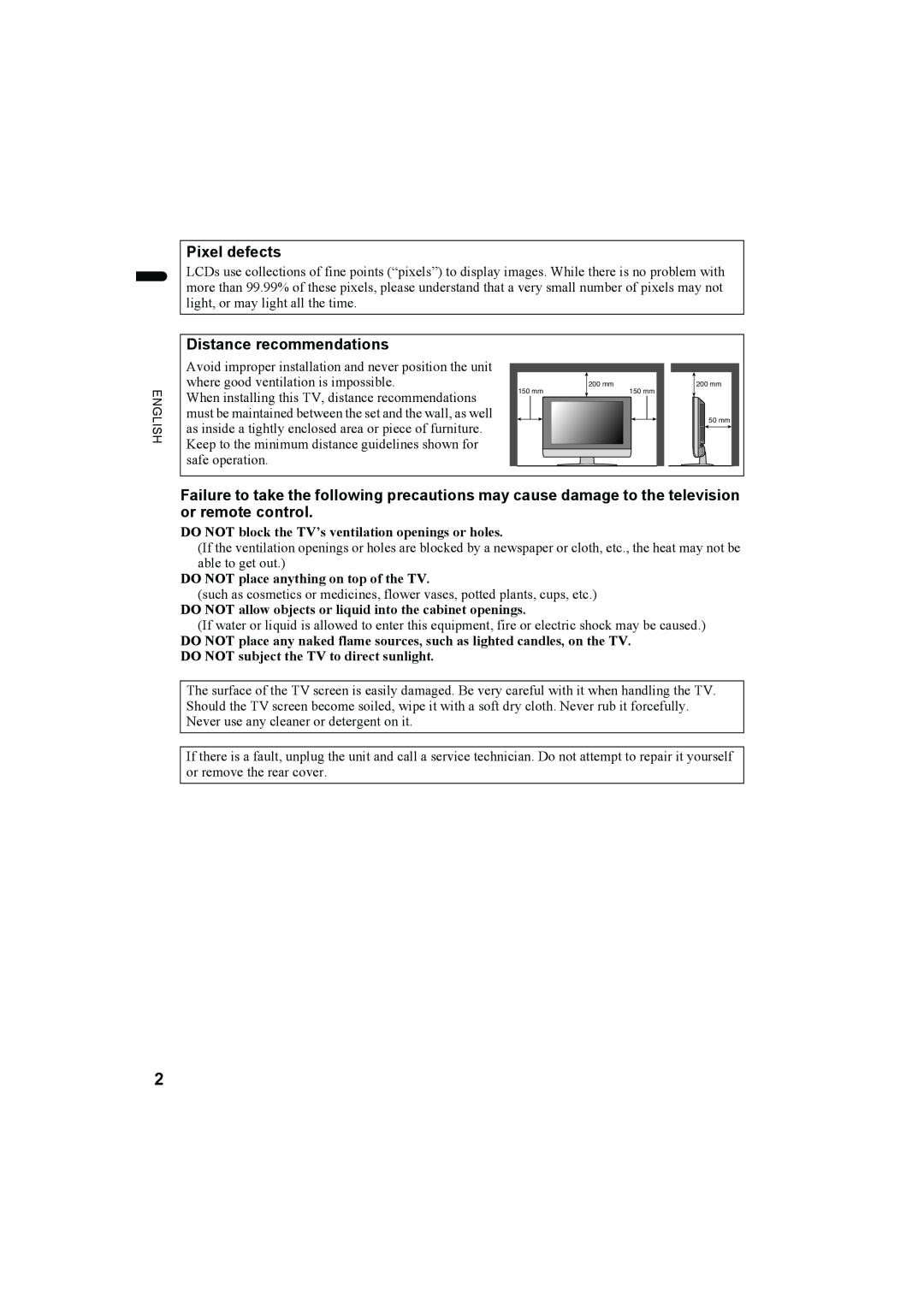 JVC LT-Z32SX4B manual Pixel defects, Distance recommendations, DO NOT block the TV’s ventilation openings or holes 