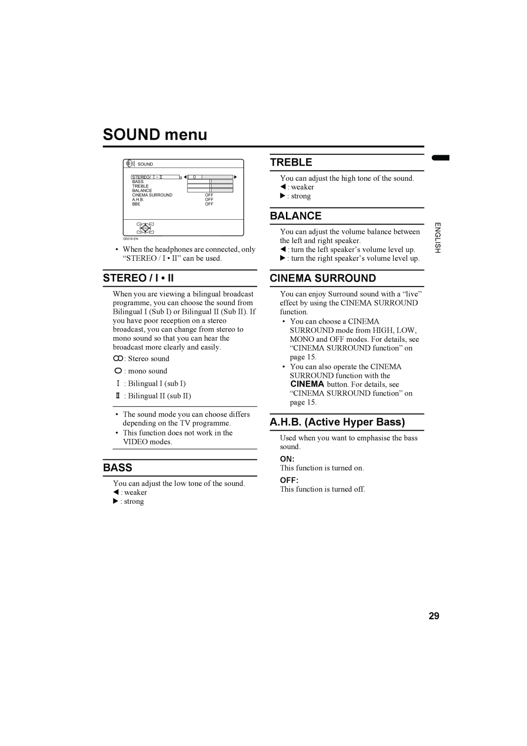 JVC LT-Z32SX4B manual SOUND menu, Treble, Balance, Stereo / I, Cinema Surround, A.H.B. Active Hyper Bass 
