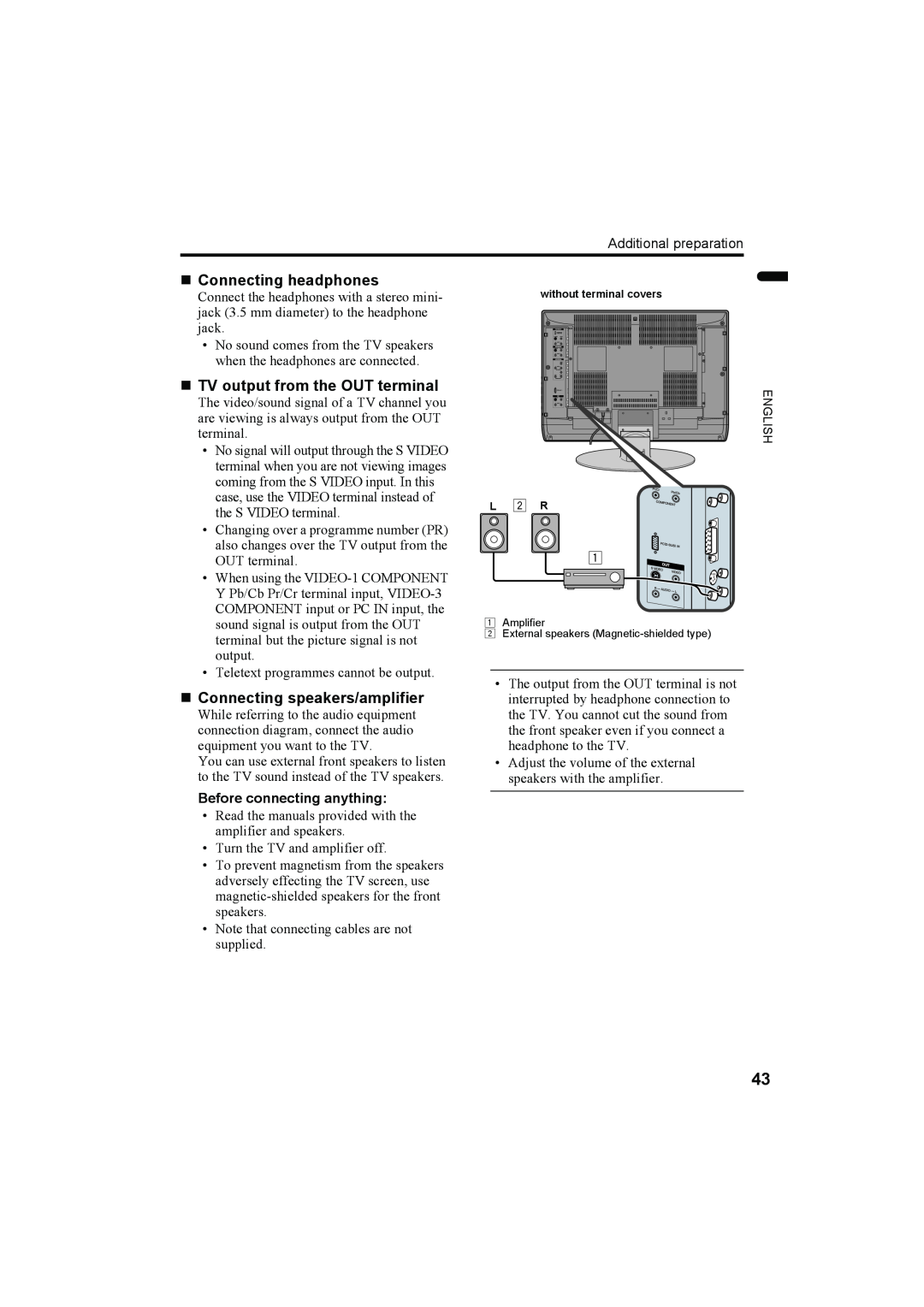 JVC LT-Z32SX4B manual „ Connecting headphones, „ TV output from the OUT terminal, „ Connecting speakers/amplifier 