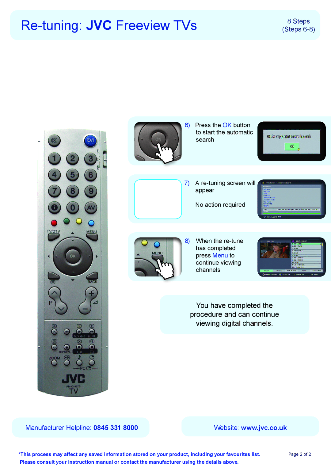 JVC LT20DA6 instruction manual Re-tuning JVC Freeview TVs 