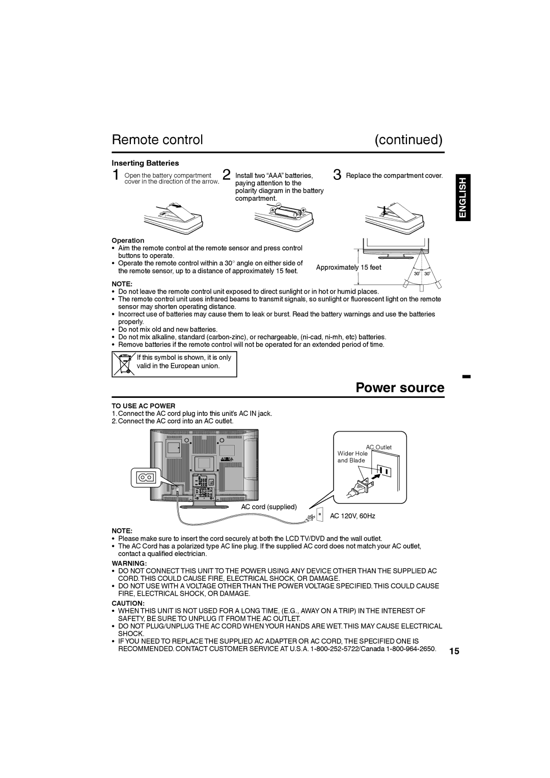 JVC LT32D210 owner manual Power source, Inserting Batteries, Operation, To USE AC Power 