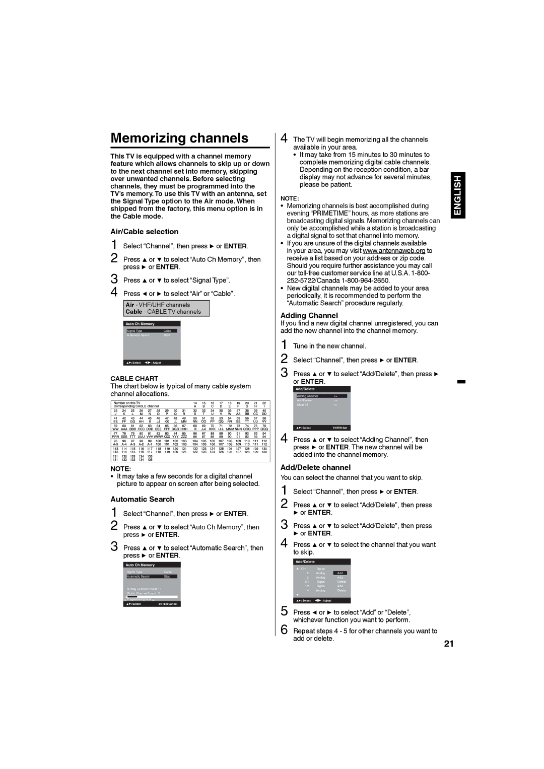 JVC LT32D210 owner manual Memorizing channels, Air/Cable selection, Automatic Search, Adding Channel, Add/Delete channel 