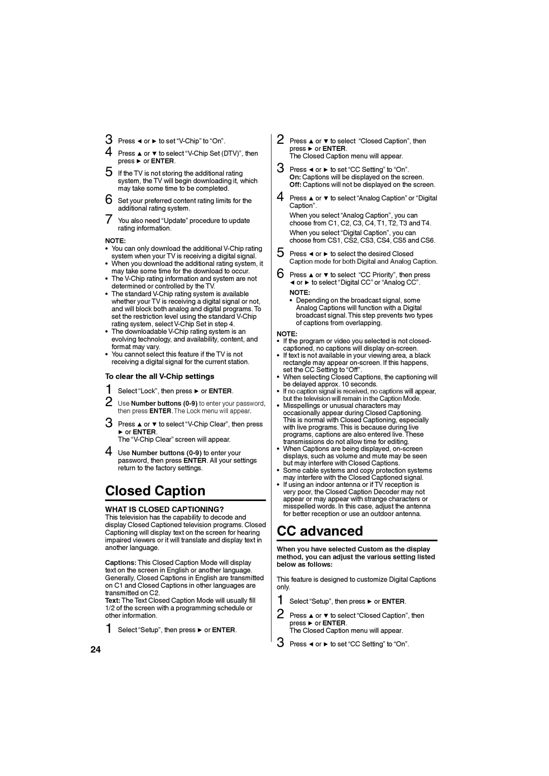 JVC LT32D210 owner manual Closed Caption, CC advanced, To clear the all V-Chip settings 