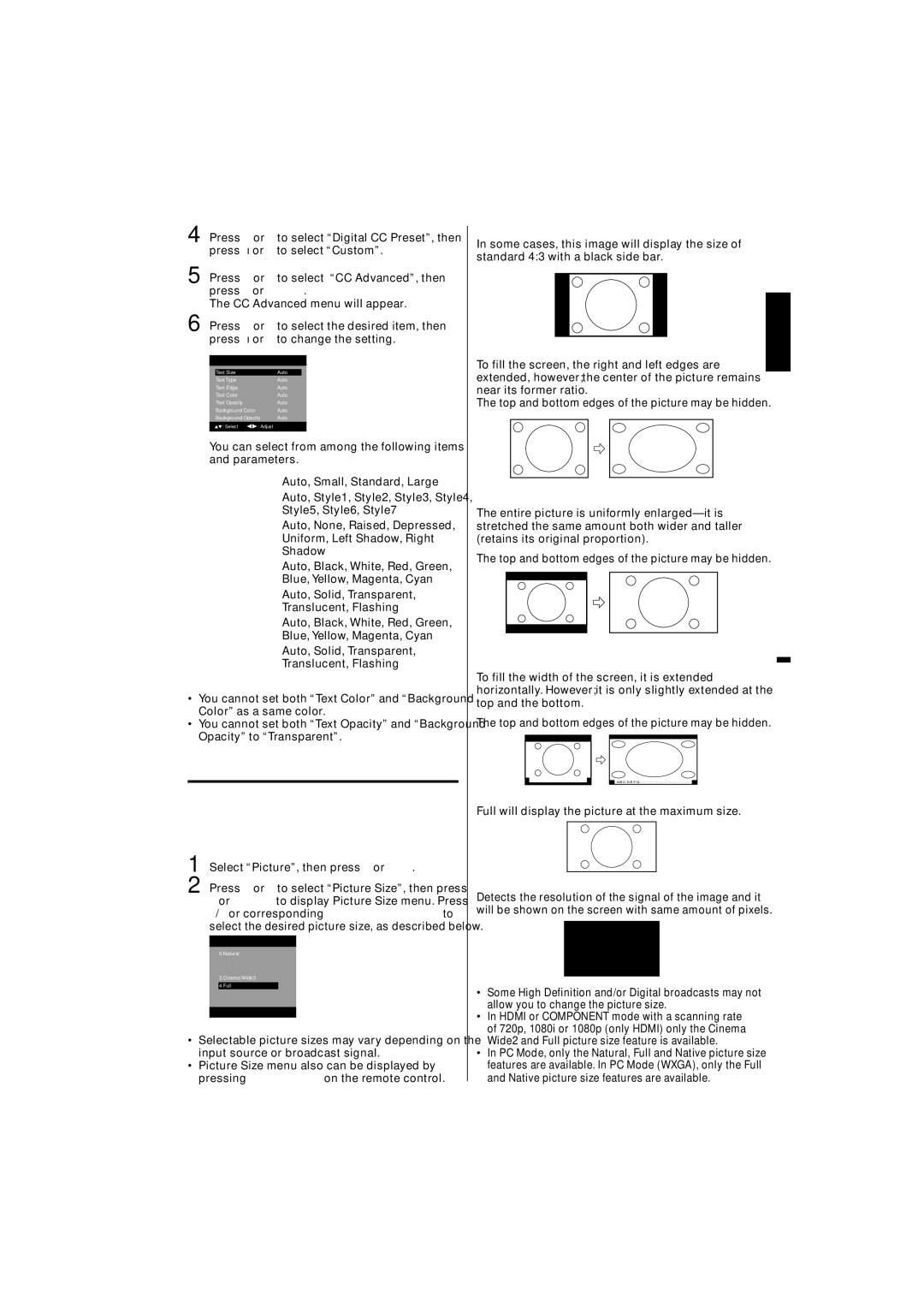 JVC LT32D210 owner manual Setting the picture size 