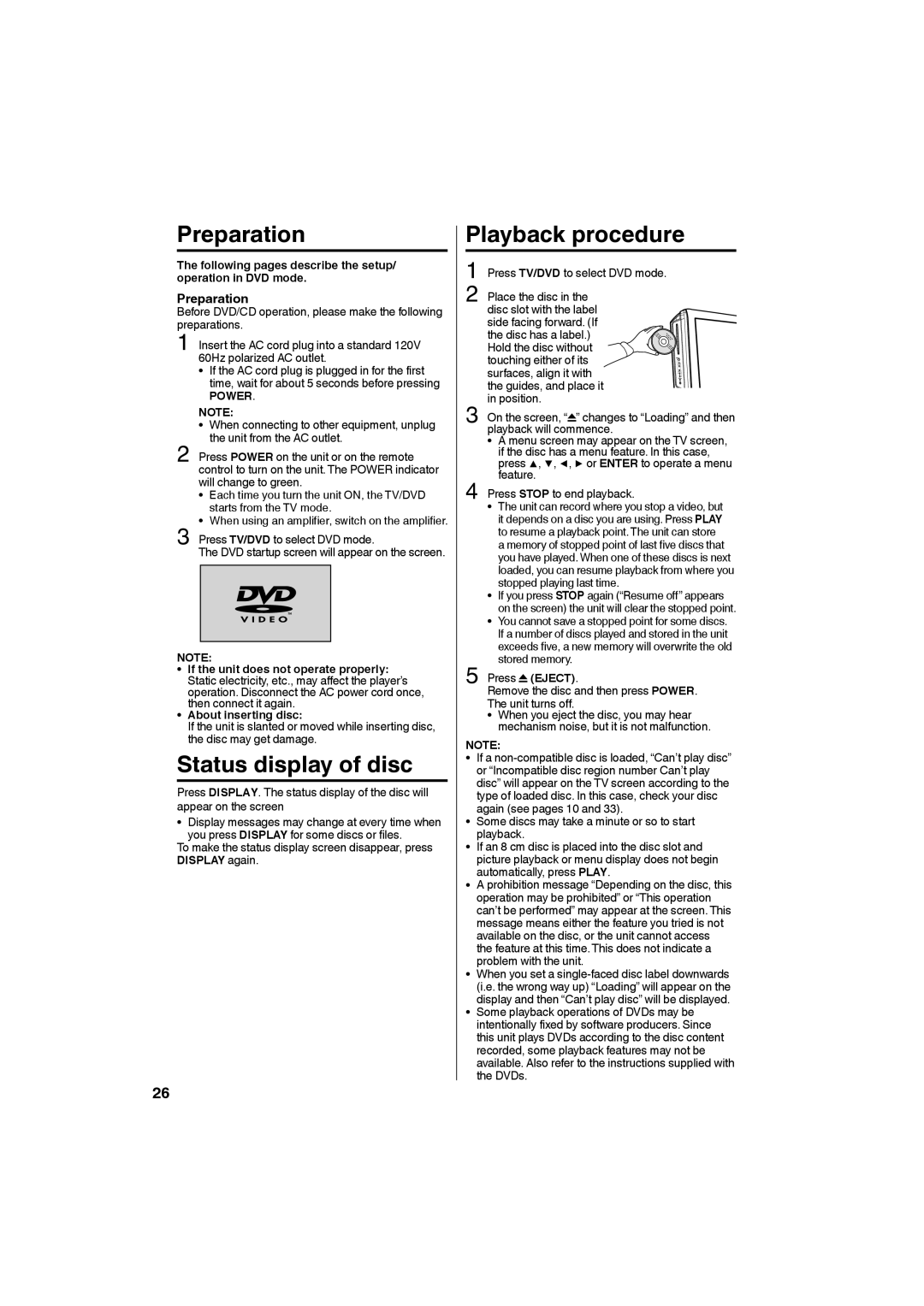 JVC LT32D210 owner manual Preparation, Status display of disc, Playback procedure 