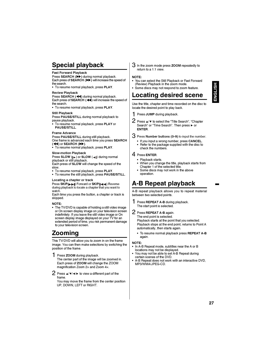 JVC LT32D210 owner manual Special playback, Zooming, Locating desired scene, Repeat playback, Pause/Still 