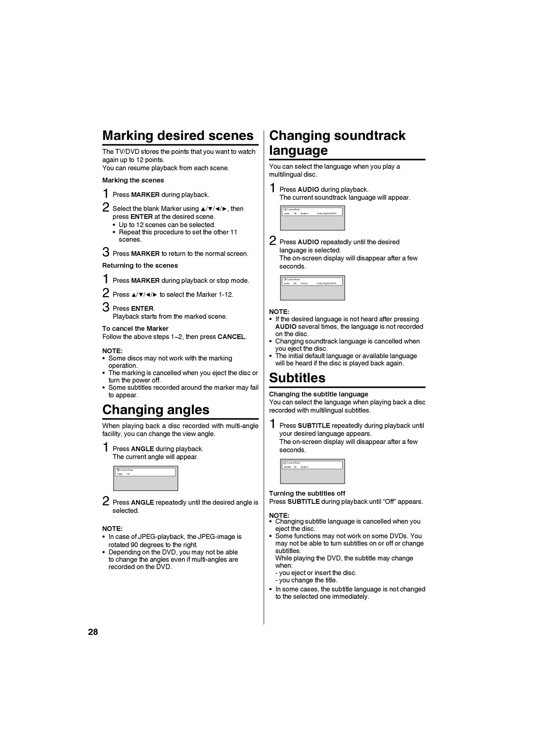 JVC LT32D210 Marking desired scenes, Changing angles, Marking the scenes, Returning to the scenes, To cancel the Marker 