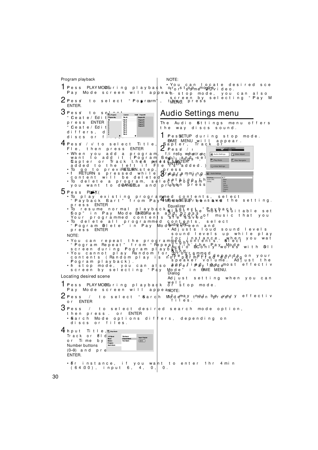 JVC LT32D210 owner manual Audio Settings menu, Locating desired scene 