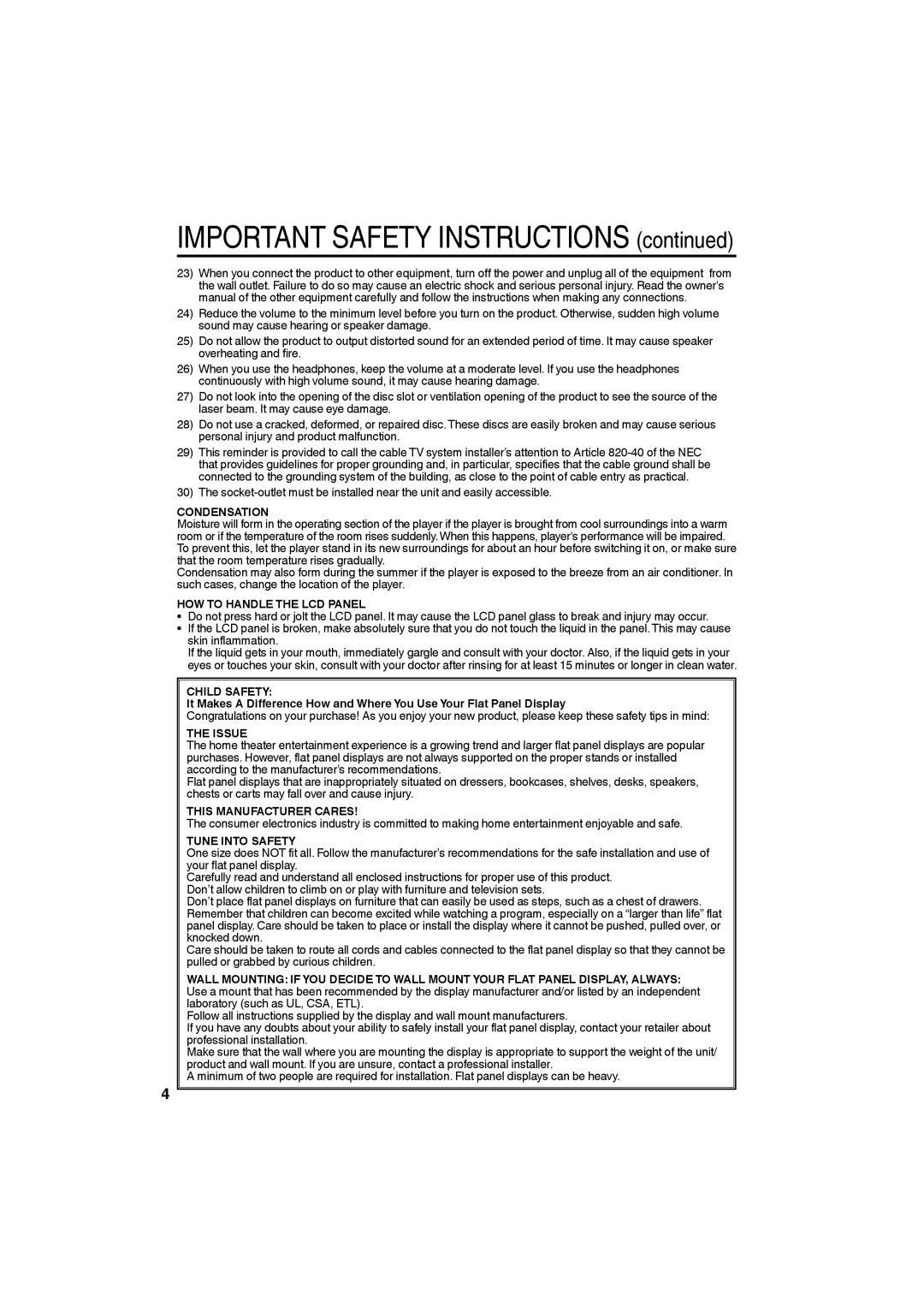 JVC LT32D210 Condensation, HOW to Handle the LCD Panel, Child Safety, Issue, This Manufacturer Cares, Tune Into Safety 