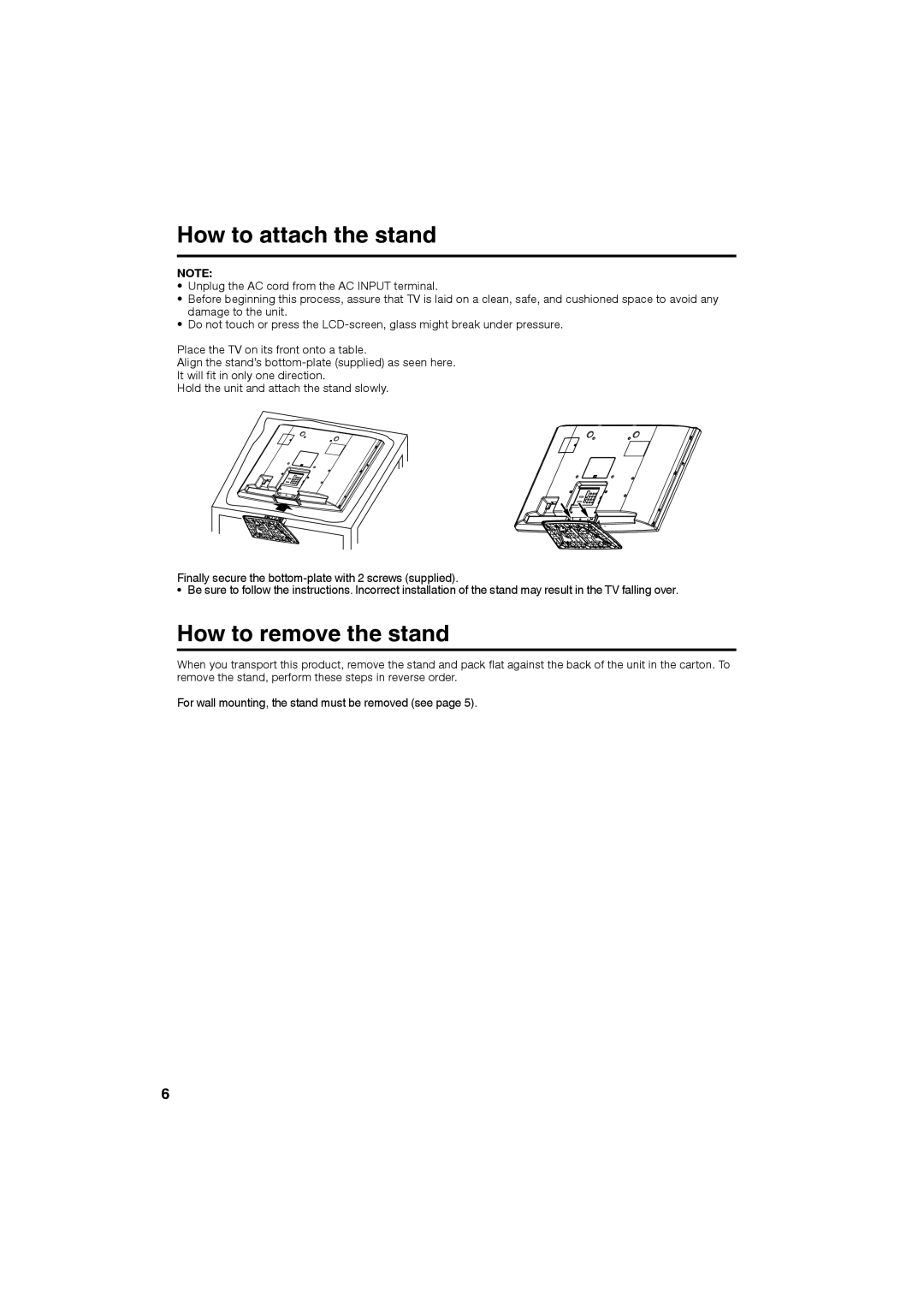 JVC LT32D210 owner manual How to attach the stand, How to remove the stand 