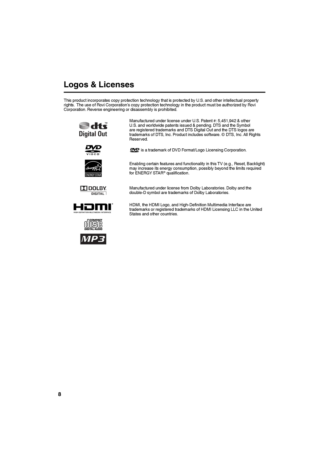 JVC LT32D210 owner manual Logos & Licenses 