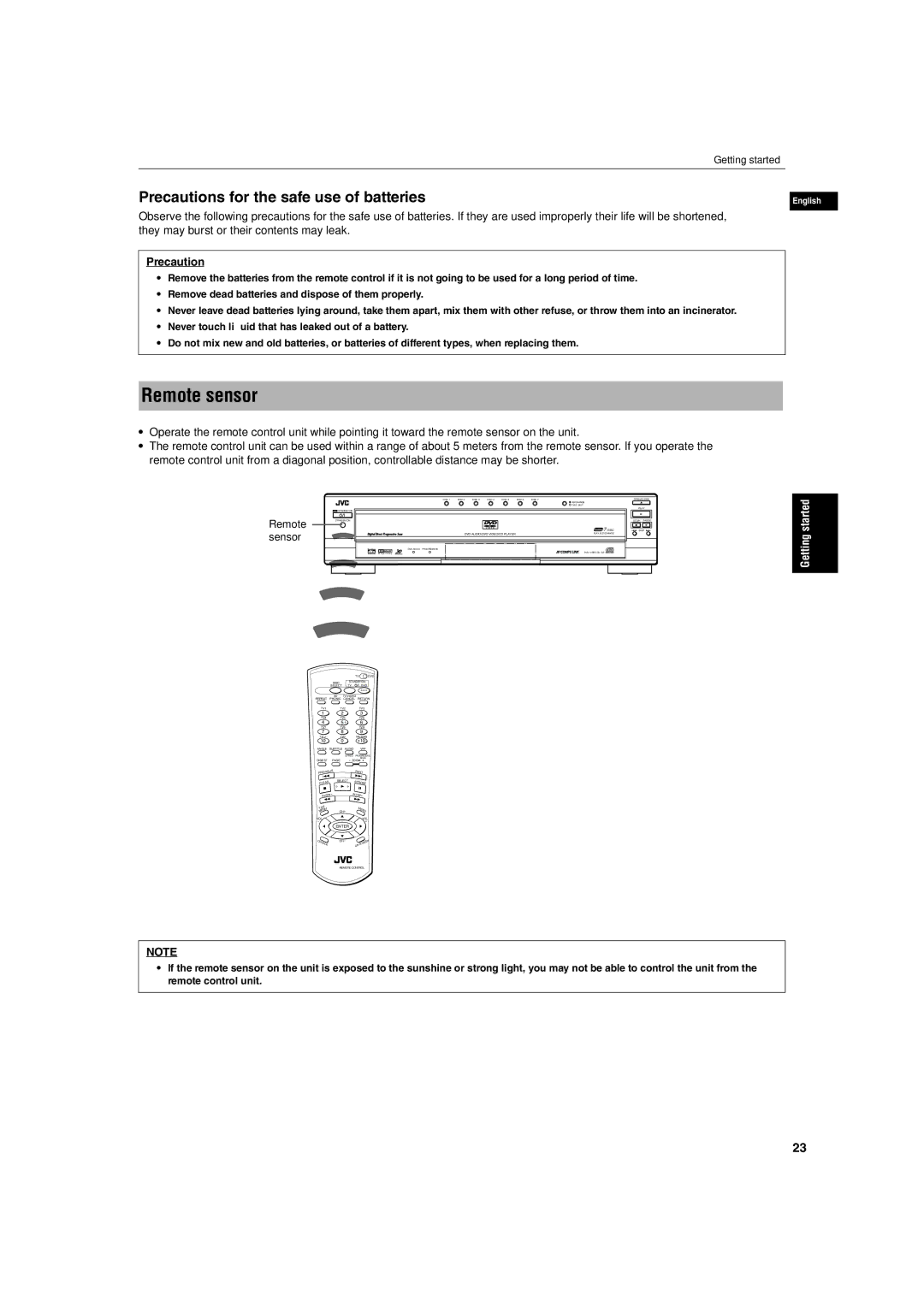 JVC LV42740-001A manual Remote sensor, Precautions for the safe use of batteries 