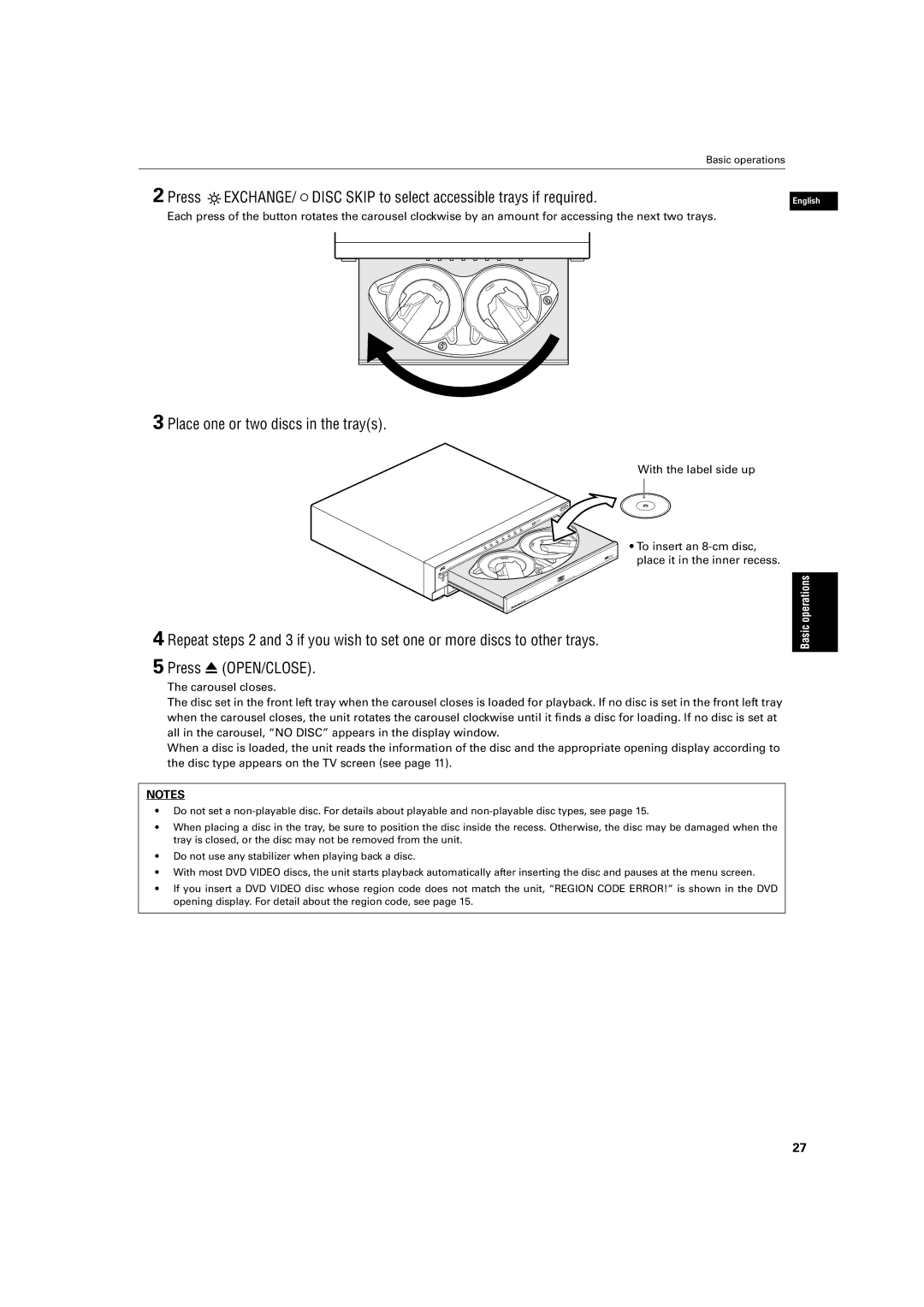 JVC LV42740-001A manual Place one or two discs in the trays, With the label side up, To insert an 8-cm disc 