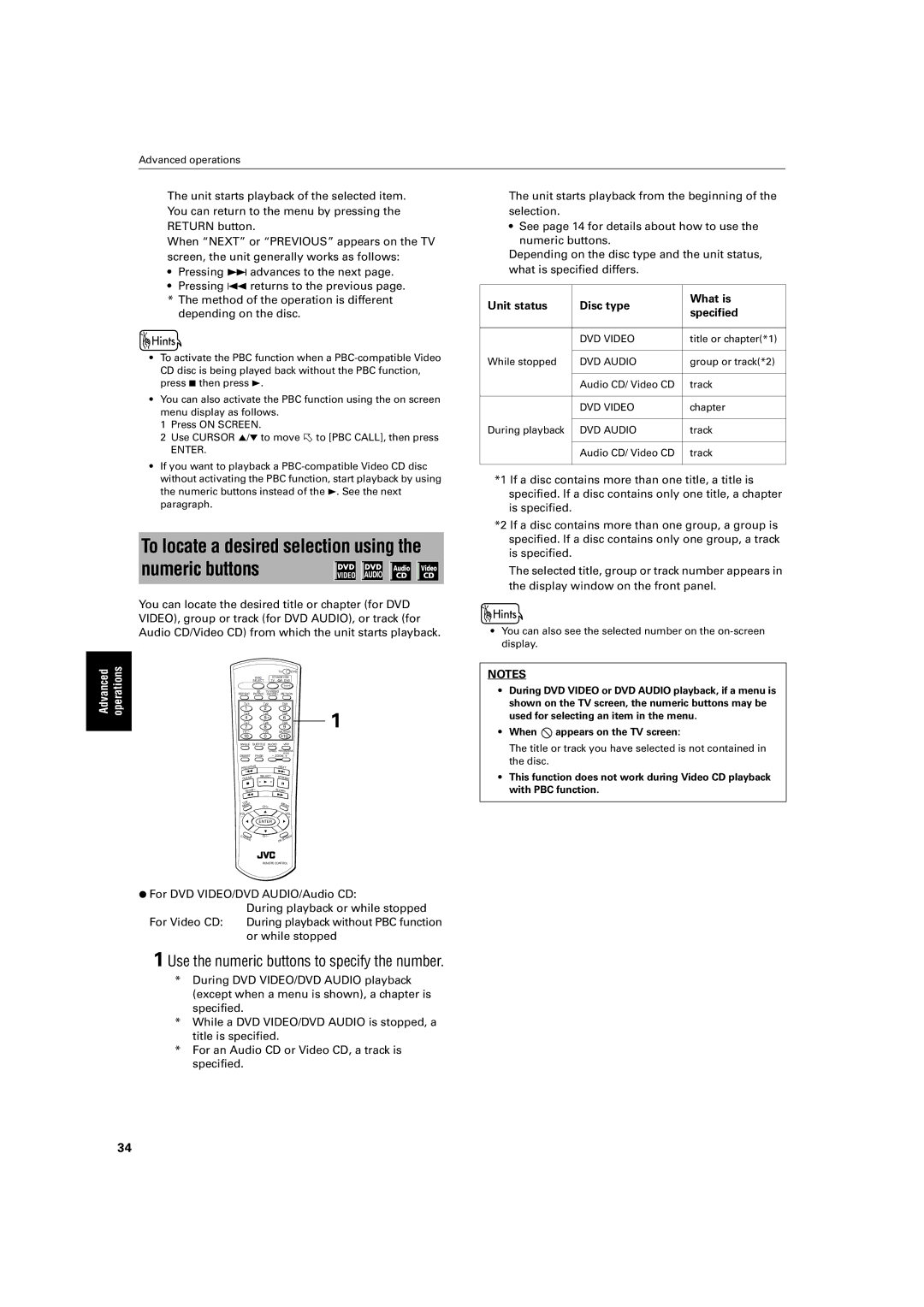 JVC LV42740-001A manual Use the numeric buttons to specify the number, For an Audio CD or Video CD, a track is Specified 