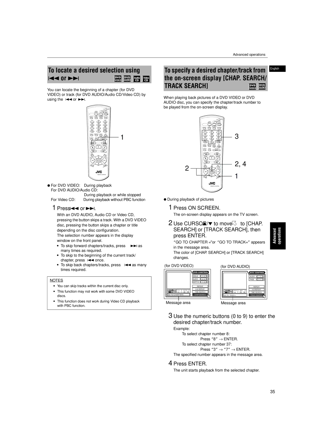 JVC LV42740-001A To locate a desired selection using 4 or ¢, Press on Screen, Press Enter, Message area For DVD Audio 