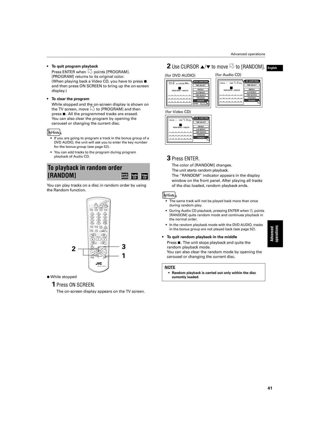 JVC LV42740-001A manual To playback in random order Random, To quit program playback, For Video CD For Audio CD 